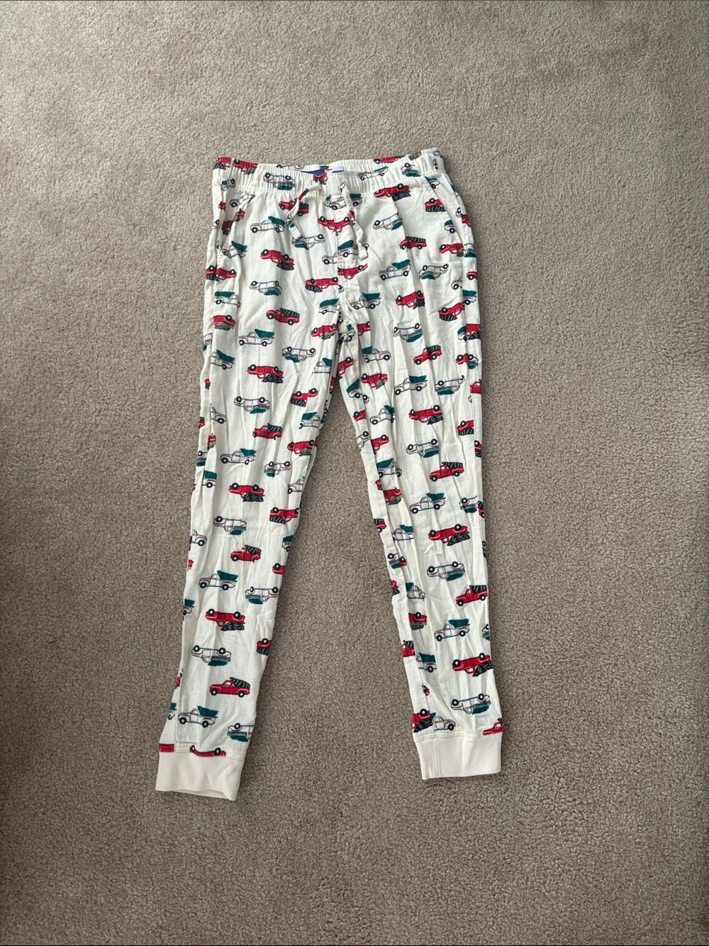 White Pajama Pants with Red and Teal Car Print